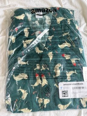 Amazon Essentials Green Pajama Top with Cream Seal Print and Red Accents